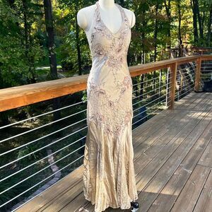 Vintage Cache Beaded Gold & Tan Lace Silk Formal Dress Gown